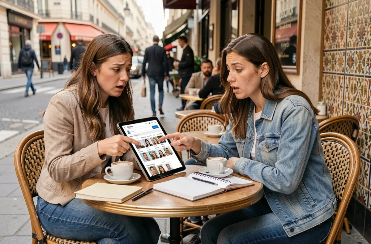 Deux femmes cherchant à retrouver une personne avec une photo sur une tablette dans un café parisien