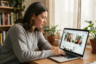 Femme cherchant une personne avec une photo sur les réseaux sociaux depuis son ordinateur portable à domicile