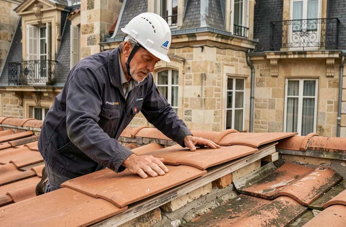 Couvreur de RénovToiture posant des tuiles sur un toit de maison à Bordeaux