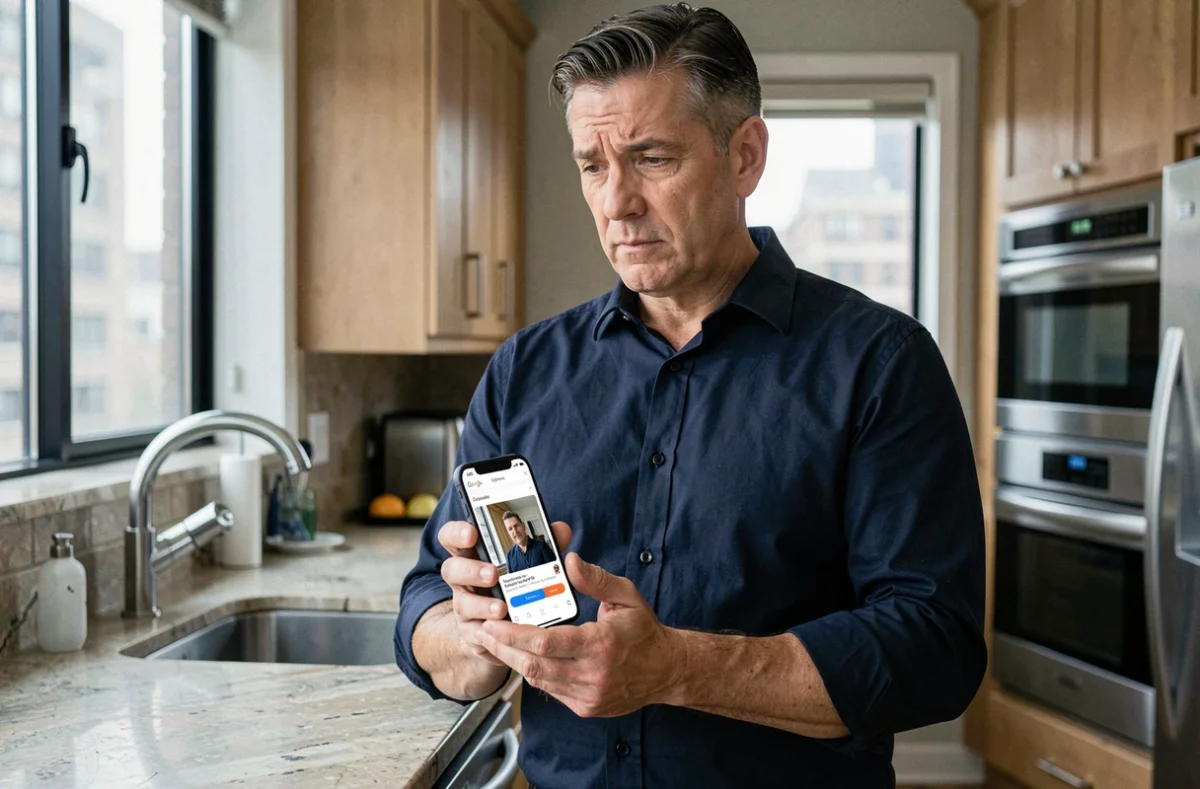 Homme utilisant Google Images pour retrouver une personne via une photo sur son smartphone