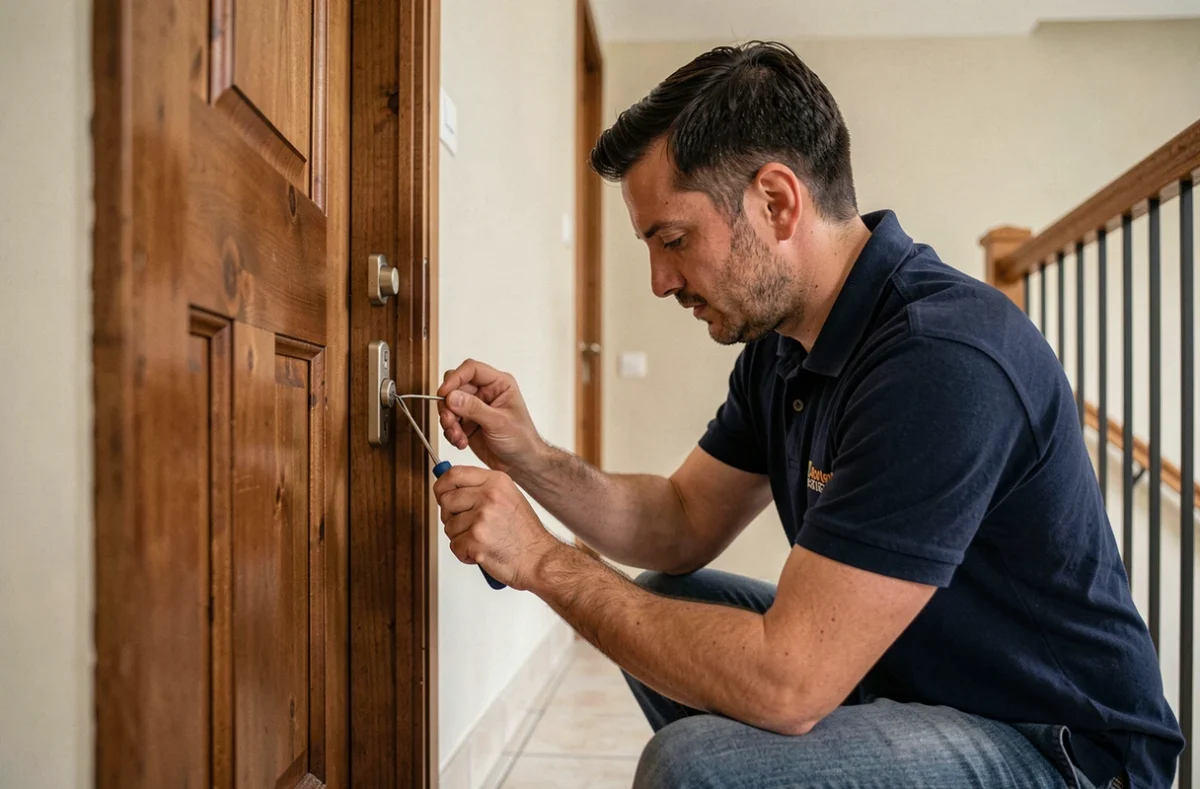 Technicien de la Serrurerie Asnières Depann' en intervention devant une porte d'appartement