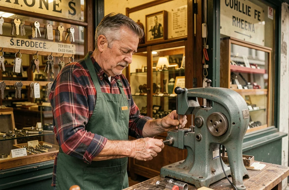 Le serrurier Joseph en train de dupliquer une clé dans sa boutique traditionnelle