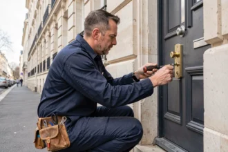Serrurier professionnel intervenant sur une porte d'entrée dans une rue d'Asnières-sur-Seine
