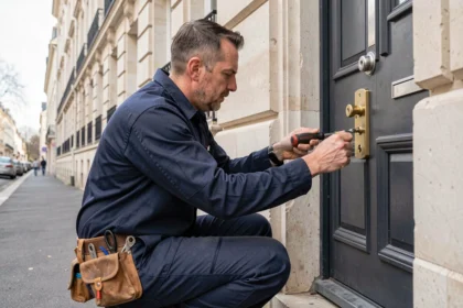 Serrurier professionnel intervenant sur une porte d'entrée dans une rue d'Asnières-sur-Seine