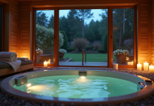Salle de spa privée moderne la nuit avec jacuzzi et vue