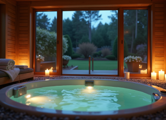Salle de spa privée moderne la nuit avec jacuzzi et vue