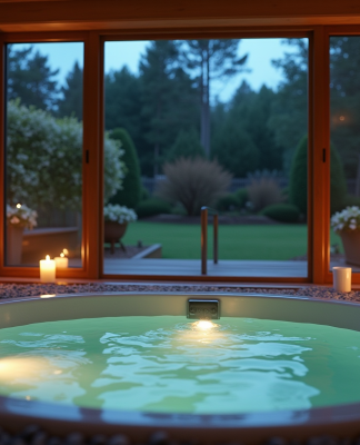 Salle de spa privée moderne la nuit avec jacuzzi et vue