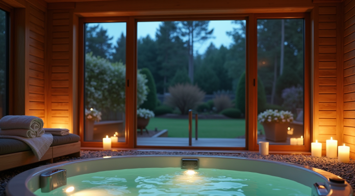Salle de spa privée moderne la nuit avec jacuzzi et vue
