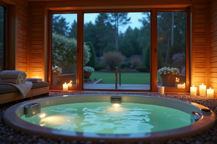 spa-prive-nocturne Salle de spa privée moderne la nuit avec jacuzzi et vue