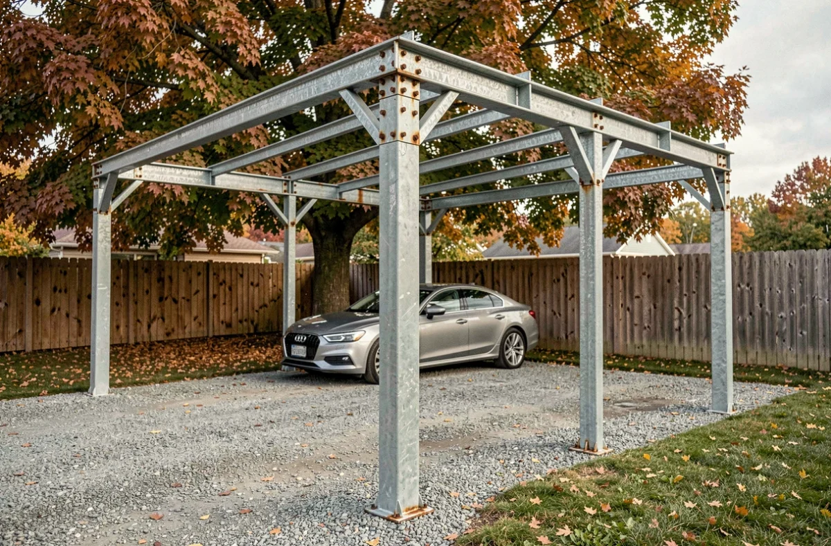 Structure d'abri voiture en cornière acier assemblée dans un jardin résidentiel avec allée en gravier