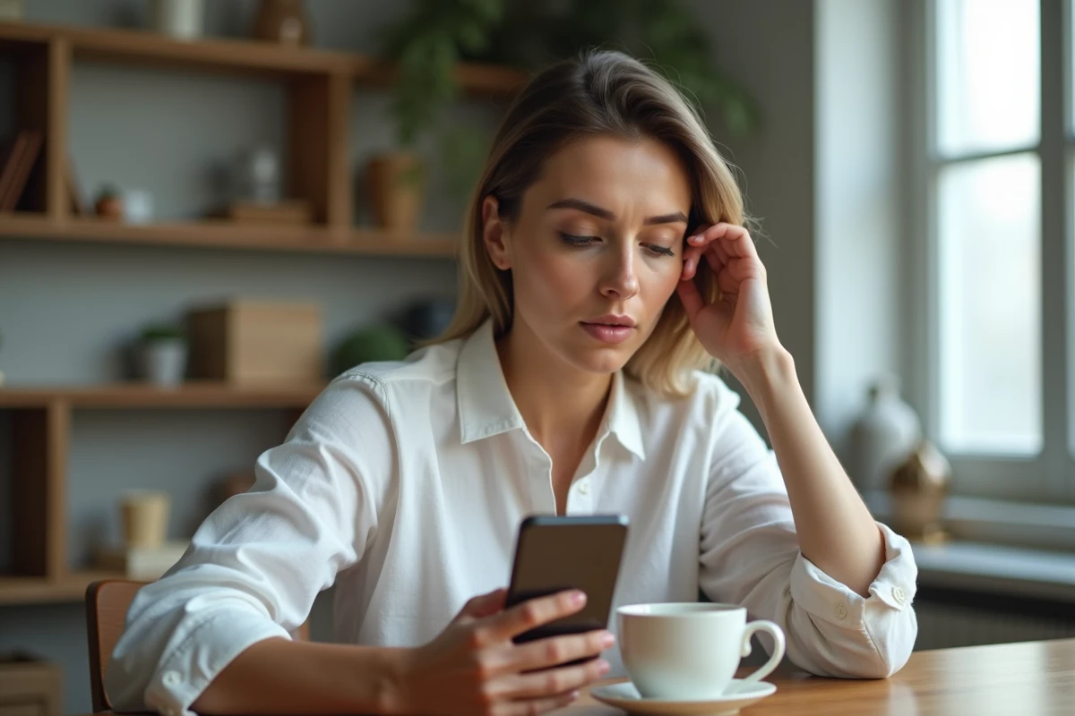 Femme suivant l'acheminement de son colis Vinted Go sur son smartphone depuis son bureau à domicile