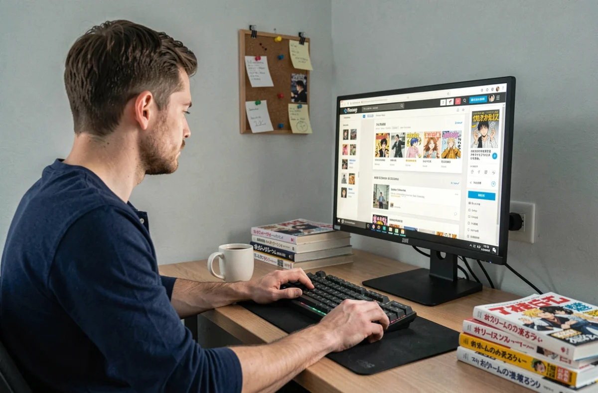 Jeune homme consultant un site de suivi de manga sur ordinateur de bureau dans un espace de travail moderne avec des volumes de manga posés sur le bureau