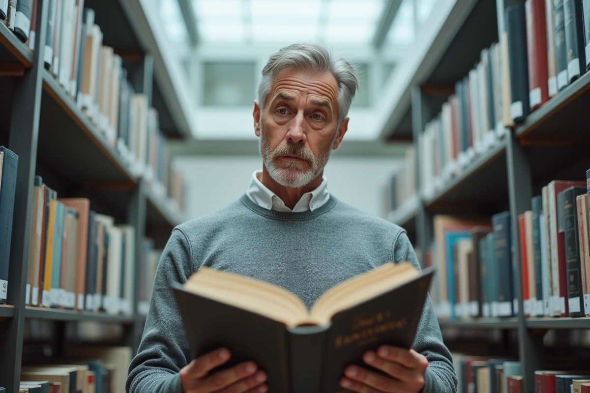 Homme consultant un thésaurus en bibliothèque pour trouver un synonyme précis de verbatim