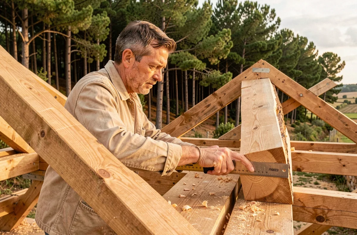 Charpentier-couvreur de Taddei Construction Bois assemblant une charpente en bois à Castelnau-de-Médoc