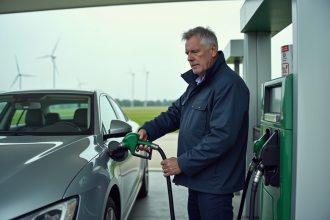 Technicien en veste marine refuelant une voiture essence verte