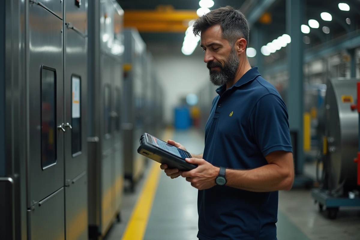 Technicien industriel consultant les données Kabrax sur une tablette dans un environnement de production