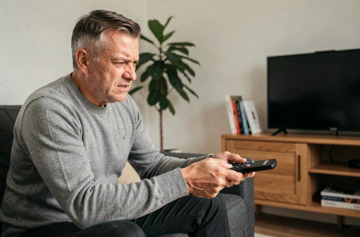 Homme frustré tenant une télécommande Freebox qui ne répond plus devant un écran noir de télévision dans un salon moderne