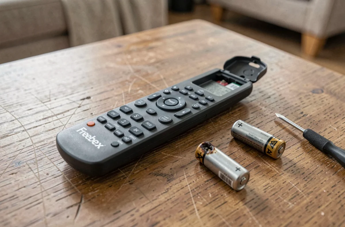 Gros plan d'une télécommande Freebox ouverte avec des piles AA usagées posées sur une table basse en bois