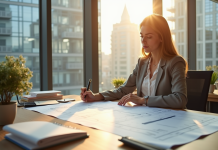Urbaniste femme examinant des plans dans un bureau lumineux