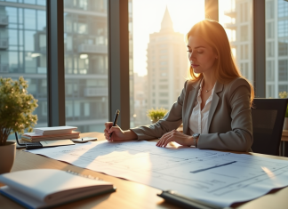 Urbaniste femme examinant des plans dans un bureau lumineux
