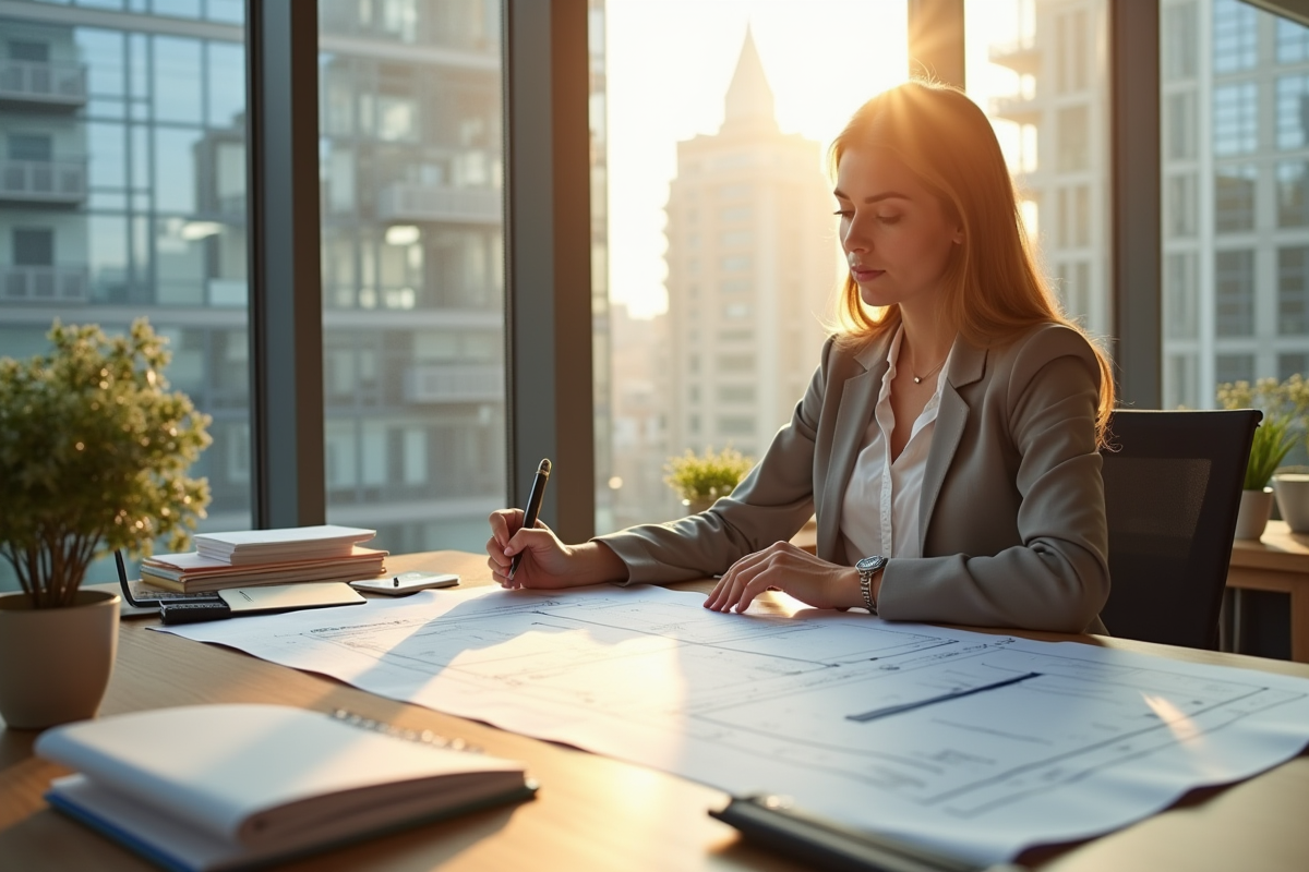 Urbaniste femme examinant des plans dans un bureau lumineux