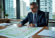 Urbaniste en costume bleu examinant une carte urbaine