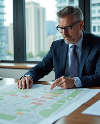 Urbaniste en costume bleu examinant une carte urbaine