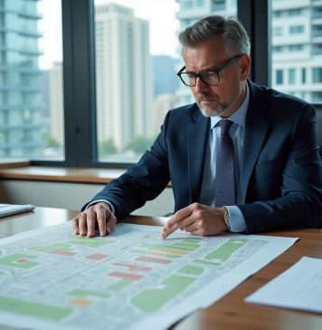 Urbaniste en costume bleu examinant une carte urbaine