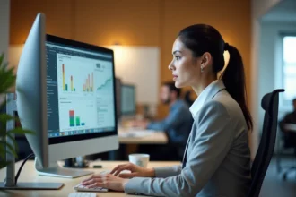 Professionnelle utilisant une interface logicielle Kabrax sur un ordinateur de bureau dans un open space moderne