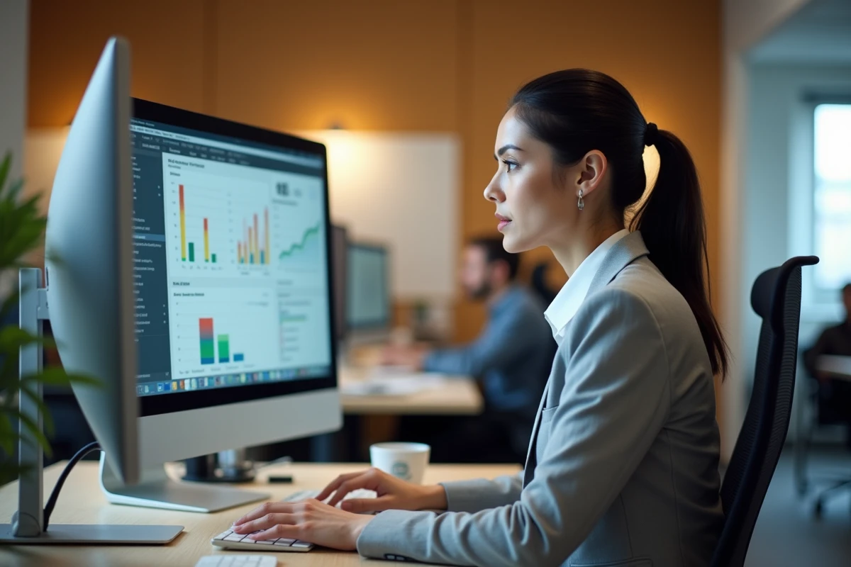 Professionnelle utilisant une interface logicielle Kabrax sur un ordinateur de bureau dans un open space moderne