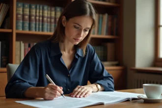 Femme annotant un document imprimé à son bureau, cherchant le bon synonyme dans un contexte rédactionnel