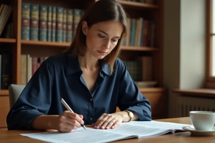 Femme annotant un document imprimé à son bureau, cherchant le bon synonyme dans un contexte rédactionnel