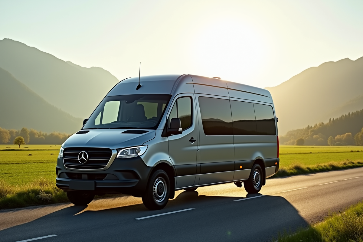 Van 9 places stationné dans la campagne au lever du soleil