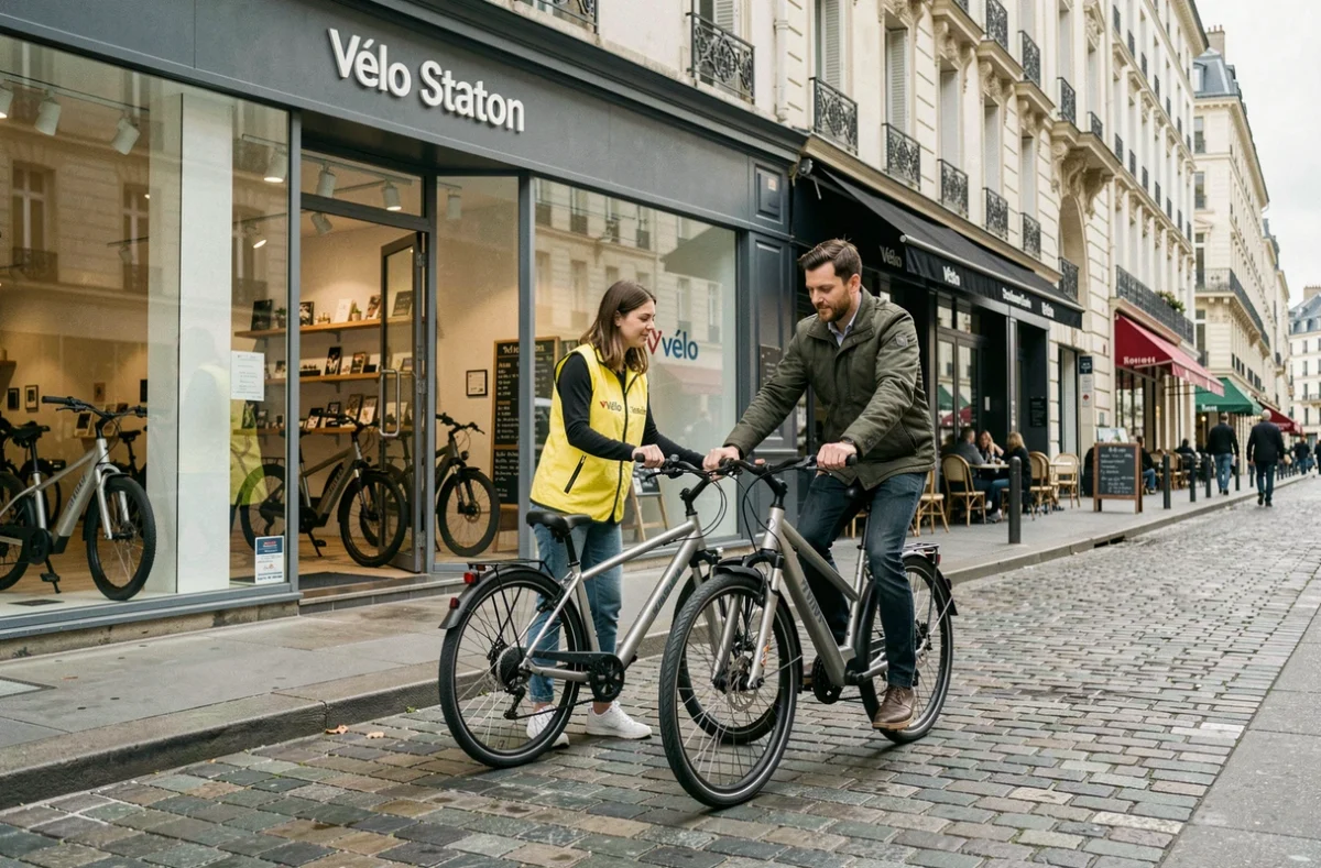 Employée de Vélo Station à Saint-Étienne aidant un client à essayer un vélo électrique en extérieur