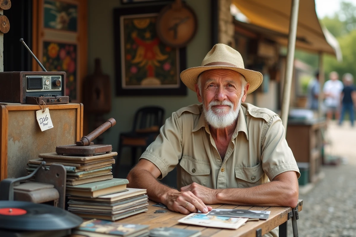 Vendeur âgé assis derrière son stand de vide grenier en Lot-et-Garonne entouré de disques vinyles et d'objets vintage