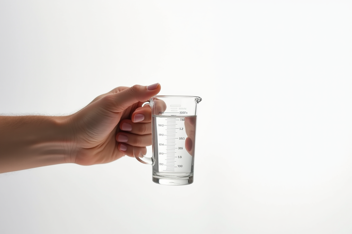 Main tenant un verre mesureur de 100 ml avec tableau de conversion