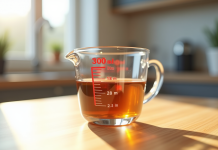 Verre mesure 300 ml sur plan de travail lumineux