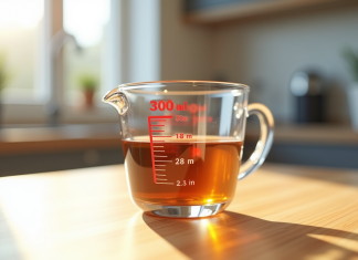 Verre mesure 300 ml sur plan de travail lumineux