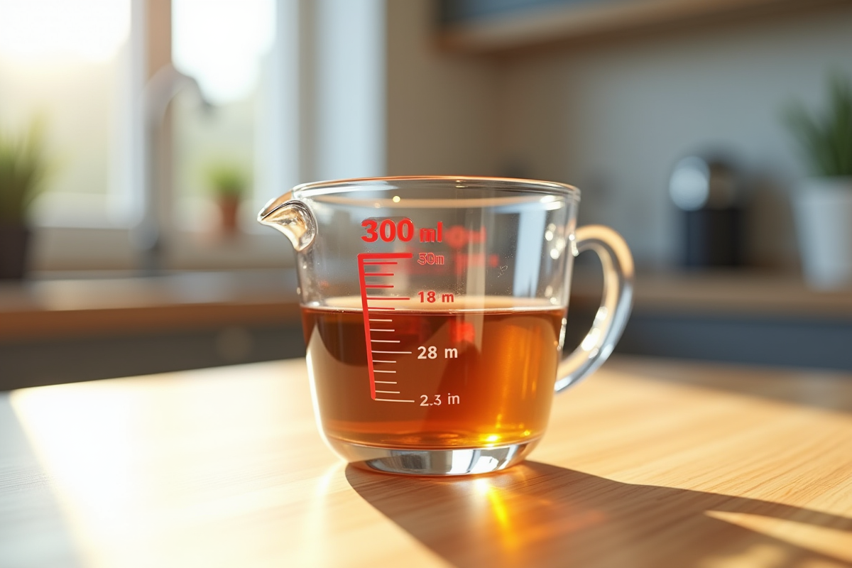 Verre mesure 300 ml sur plan de travail lumineux