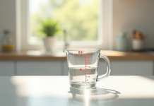 Verre mesureur rempli à 80 cl sur plan de cuisine lumineux