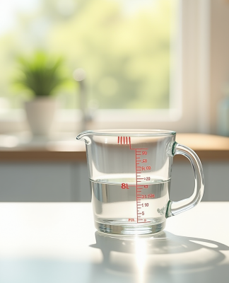 Verre mesureur rempli à 80 cl sur plan de cuisine lumineux