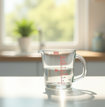 Verre mesureur rempli à 80 cl sur plan de cuisine lumineux