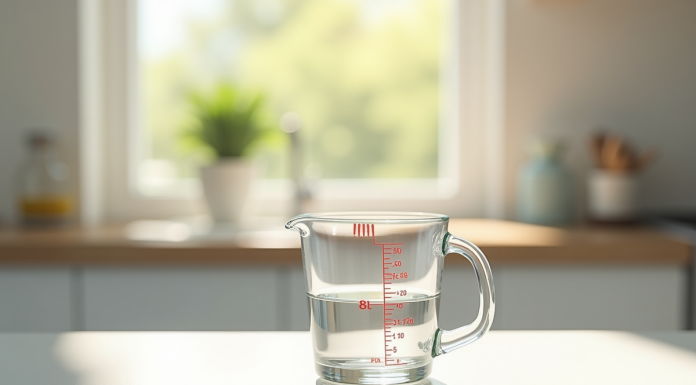 Verre mesureur rempli à 80 cl sur plan de cuisine lumineux