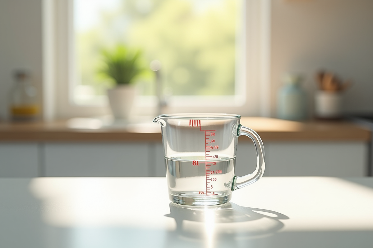 Verre mesureur rempli à 80 cl sur plan de cuisine lumineux