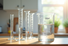 Verre mesureur rempli de 100 ml d'eau sur un plan en bois
