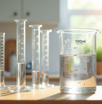 Verre mesureur rempli de 100 ml d'eau sur un plan en bois