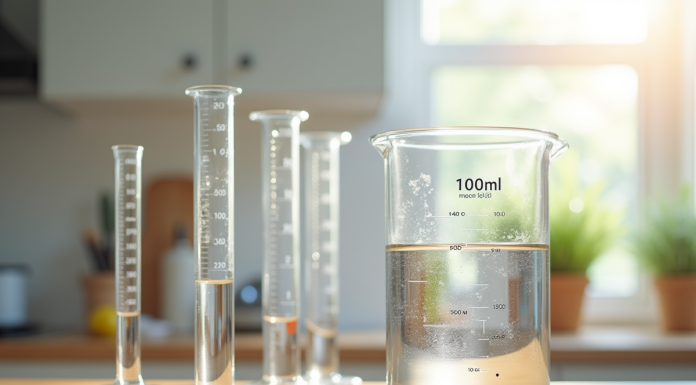 Verre mesureur rempli de 100 ml d'eau sur un plan en bois