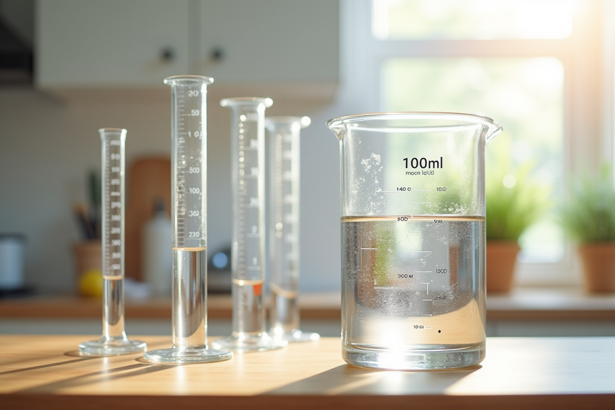 Verre mesureur rempli de 100 ml d'eau sur un plan en bois