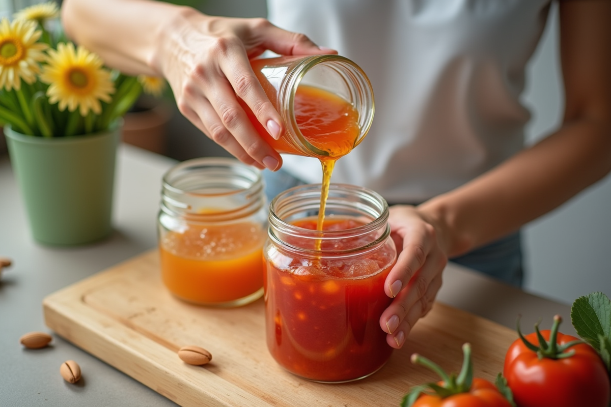 Personne versant de la compote dans un contenant réutilisable en cuisine lumineuse