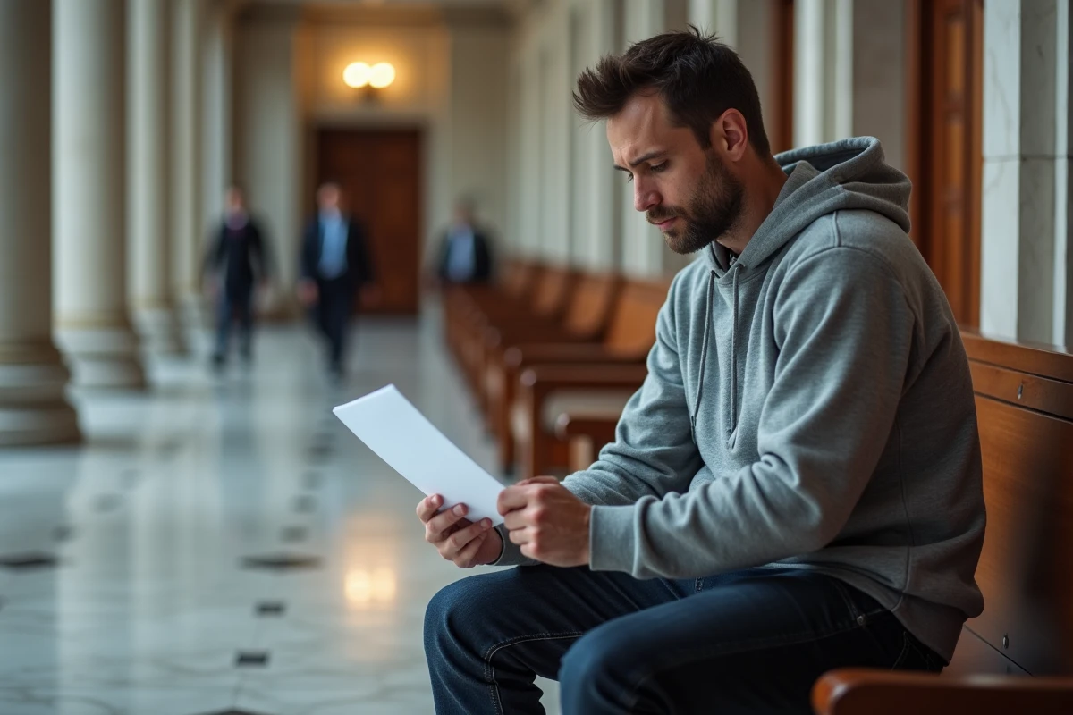 Homme seul dans un couloir de tribunal tenant des documents juridiques après une agression